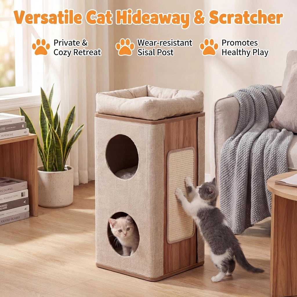Tiragraffi per Gatti a Torre 77,5 cm, 3 Piani con 2 Grotte, Cuccia Albero per Gatti con Piastra Tiragraffi, Copertura Rimovibile e Cuscino, Tubo Stabile Ø38, Beige e Naturale