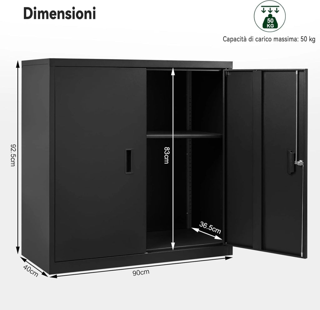 Armadio per Archiviazione con Serratura e Ripiano Regolabile in Altezza, Armadio Multiuso per Ufficio in Metallo, Nero, L90xH92xP40 cm, ASK12sz