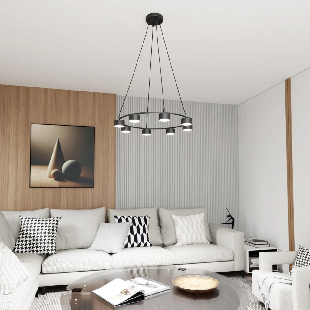 Lampadario Moderno 8 Luci Odin In Acciaio Nero Ad Anello E Cilindri