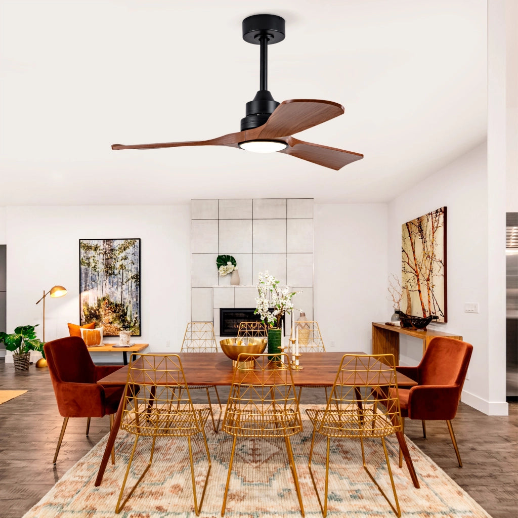 Ventilatore da soffitto con luce LED integrata; motore DC reversibile; ABS; nero e noce scuro