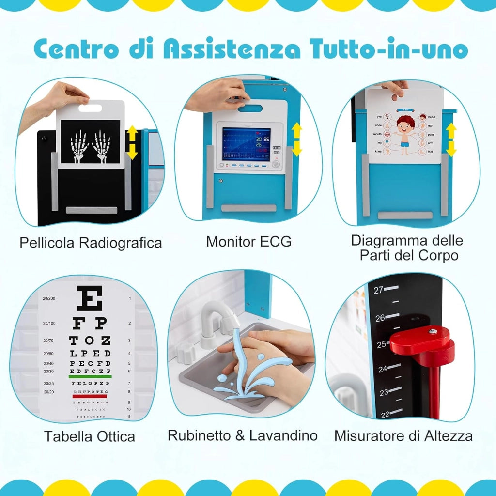 Set Gioco Dottore per Bambini, Gioco di Ruolo Medico in Legno con Stetoscopio, Radiografie, Monitor ECG, Tabella Oculistica e 29 Accessori, Medico Giocattolo per Bambini 3+ Anni (Blu)
