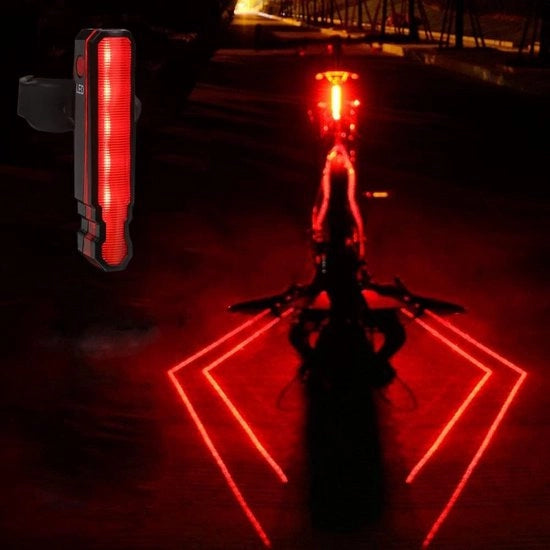 Set di Luci per Bicicletta - Caricabile via USB - Luci Posteriori con Laser - 5 LED - 6 Modalità - Impermeabile - Per Percorsi Notturni e Sicurezza