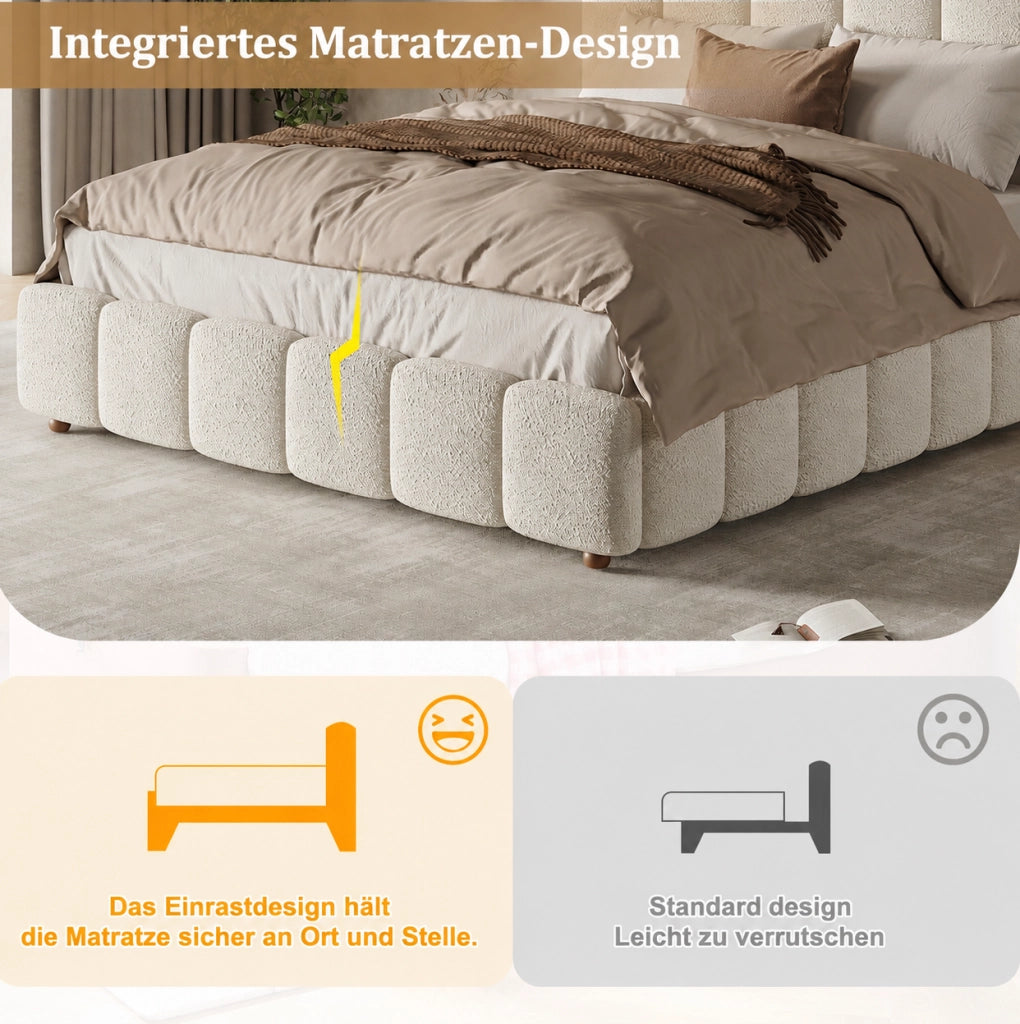 Letto matrimoniale 140x200 cm con contenitore idraulico e rete a doghe; bouclé bianco