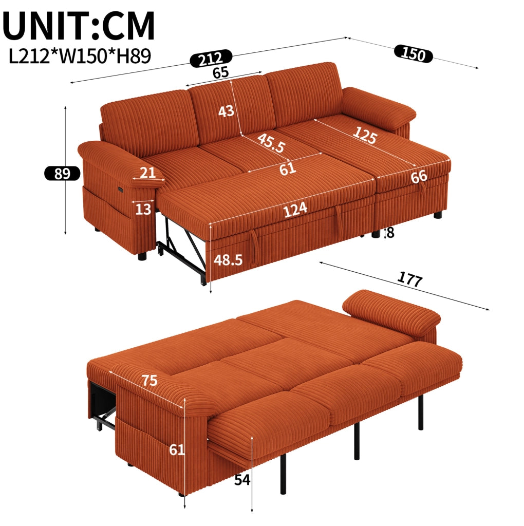Divano angolare a L con letto estraibile; 212x150 cm; in corduroy arancione