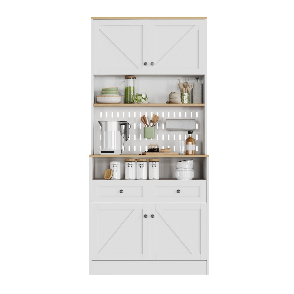 OKWISH Credenza da Cucina con Ripiani, 4 Ante e 2 Cassetti, Pannello Forato, per Cucina, MDF, Bianco, 80×40×175 cm