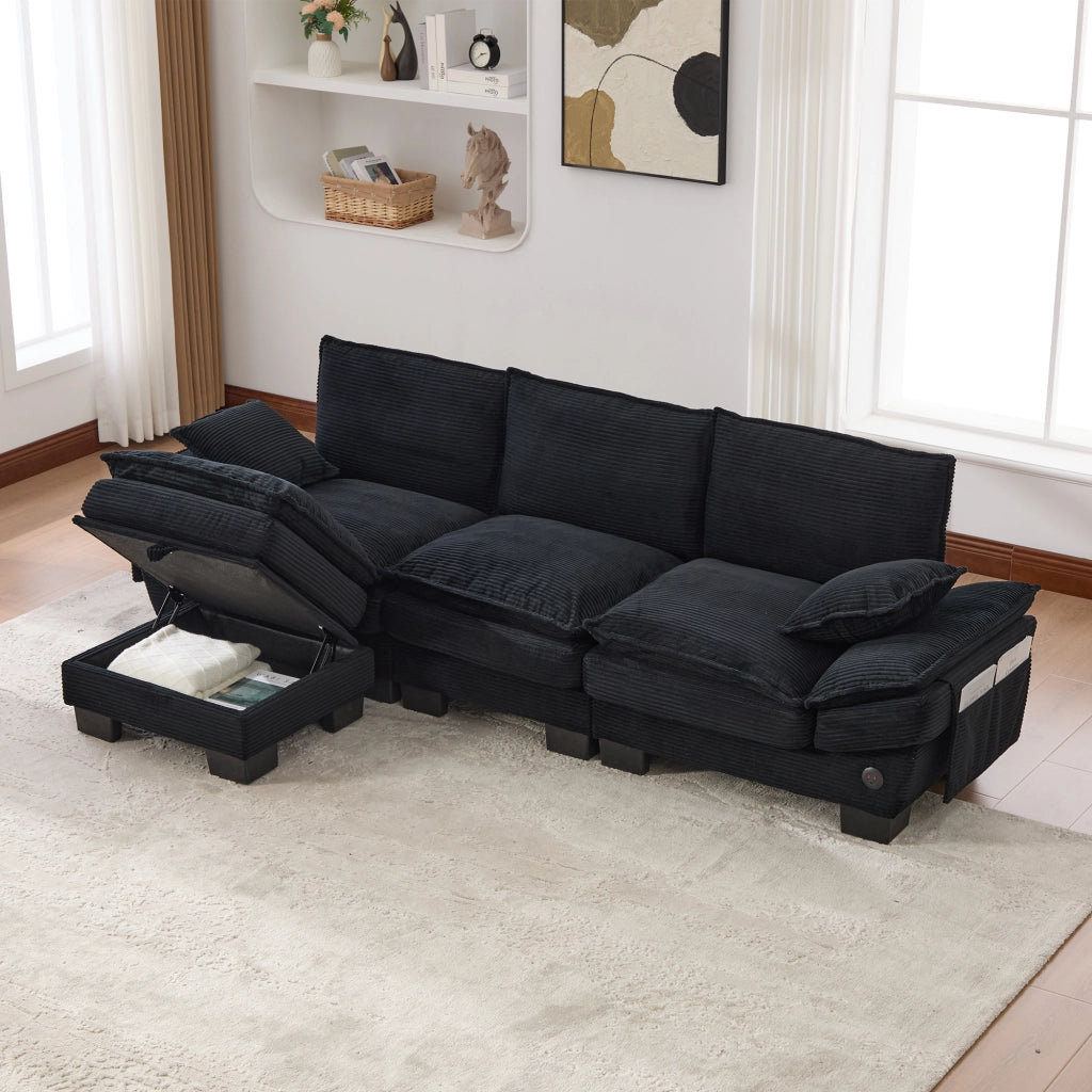 Divano 3 posti - con pouf contenitore; USB-C e tasche laterali - in tessuto a coste nero