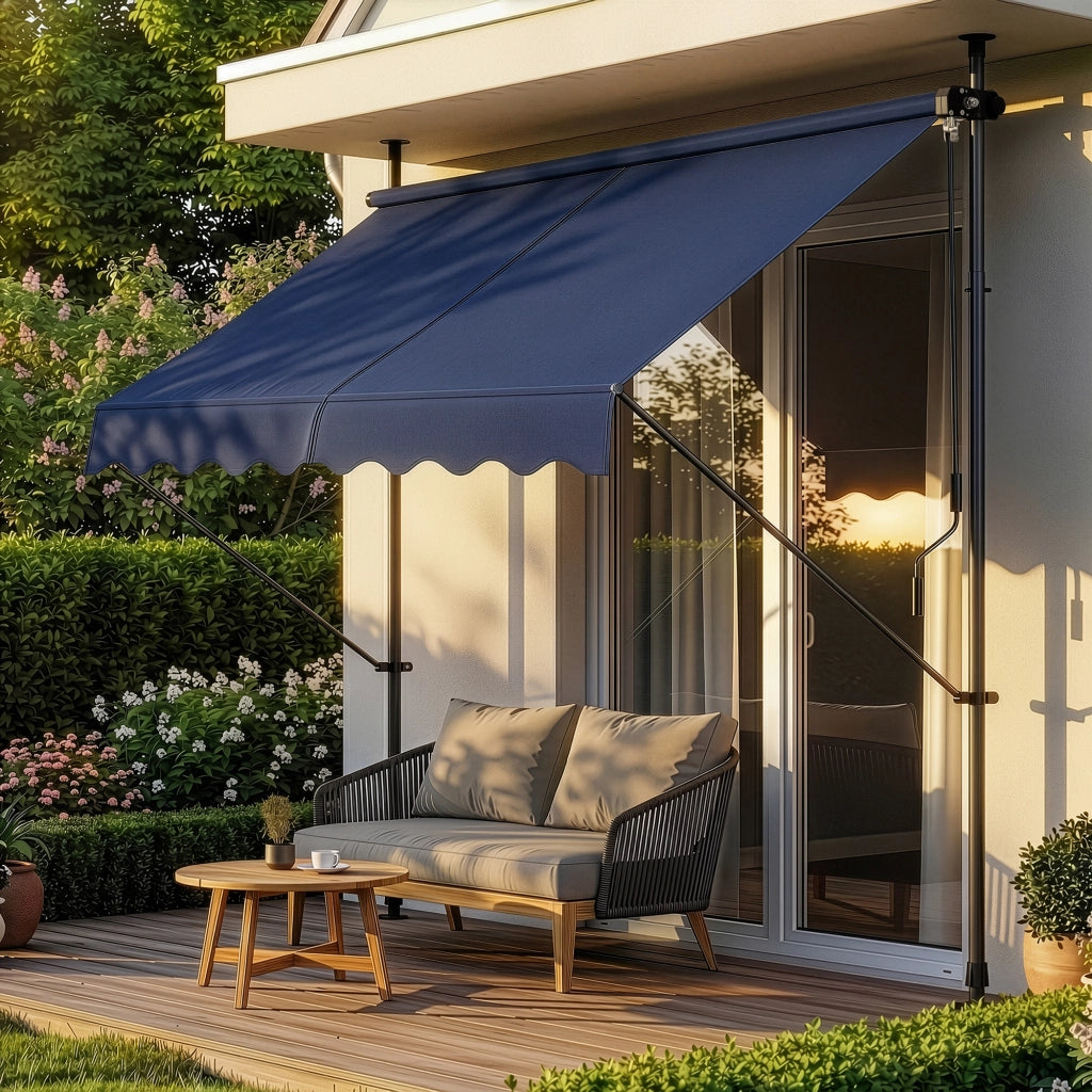 Tenda da Sole a Muro con Pali di Supporto Telescopici Parasole 250 x 120 cm (LxP) Blu Scuro pro.tec