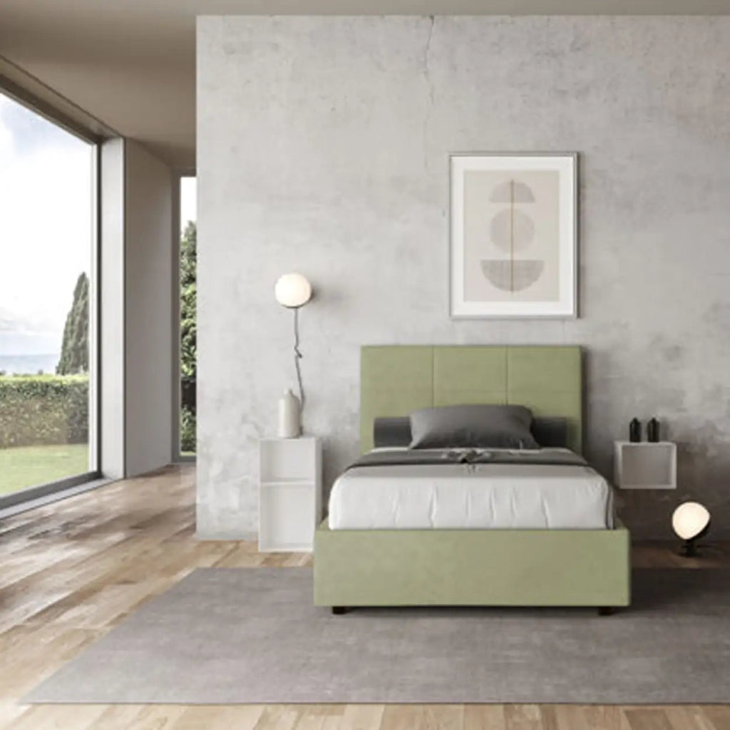Letto una piazza e mezza con rete imbottito 120x210 microfibra tè verde Mika