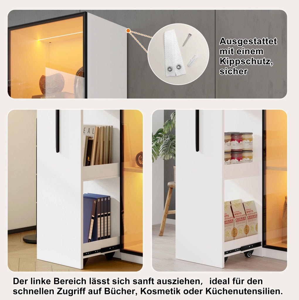 Mobile multifunzione 70x40x160 cm in MDF bianco con vetrina in vetro colorato e LED