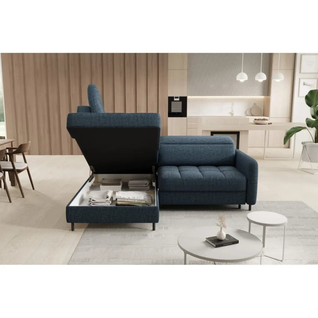 Divano angolare sinistro convertibile BARNEA 208 cm blu scuro con contenitore