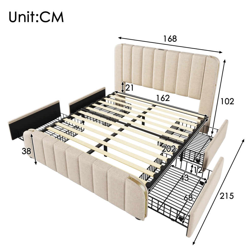 Letto 160x200 cm in lino grigio con USB， LED e contenitore