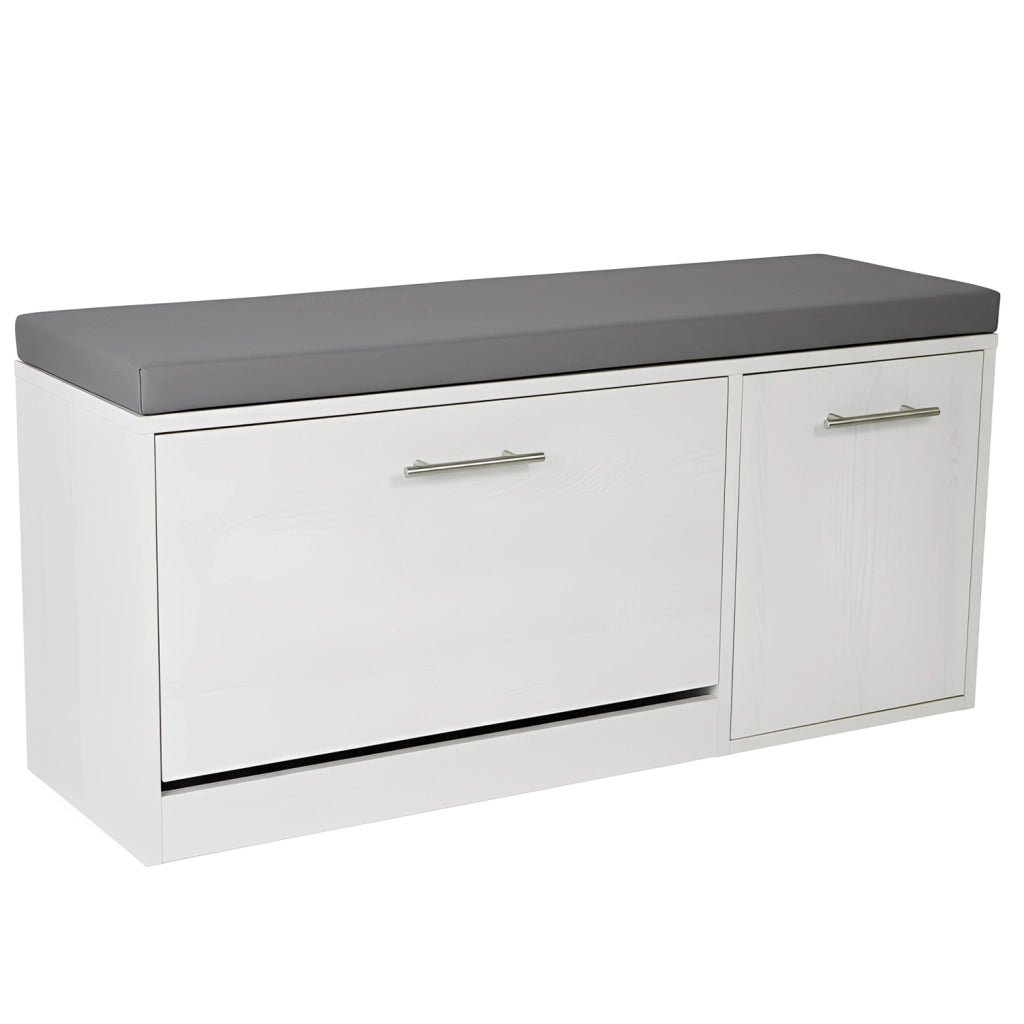 Marvin Scarpiera Panca da Ingresso con Anta Contenitore – Portascarpe Salvaspazio in Legno con Bianco / Cuscino Grigio