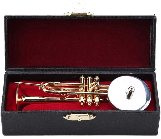 Replica di Tromba Miniatura in Oro - Modello di Strumento Musicale - Scatola in Legno - Standard - Ottone - Ornamento di Alta Qualità - Modello Musicale