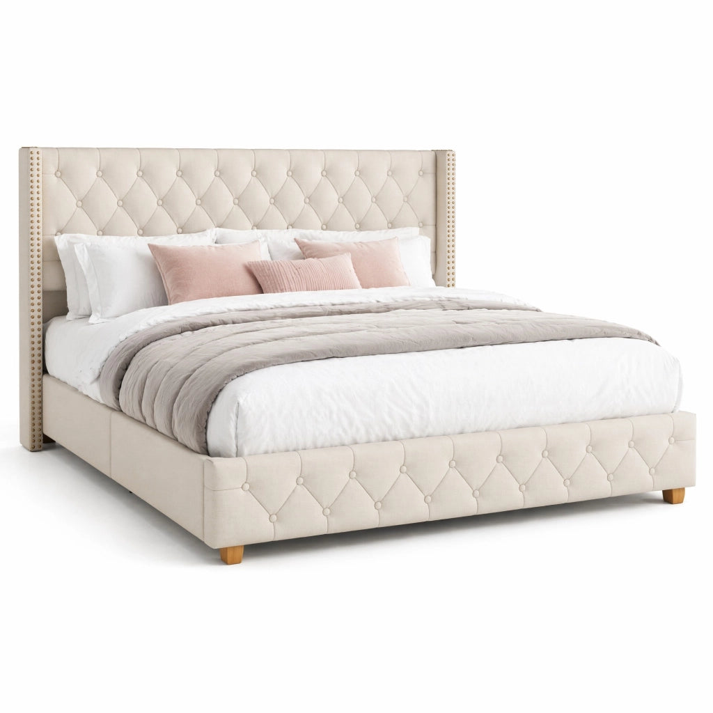 Letto imbottito beige 160 x 200 cm con rete a doghe e testiera decorata