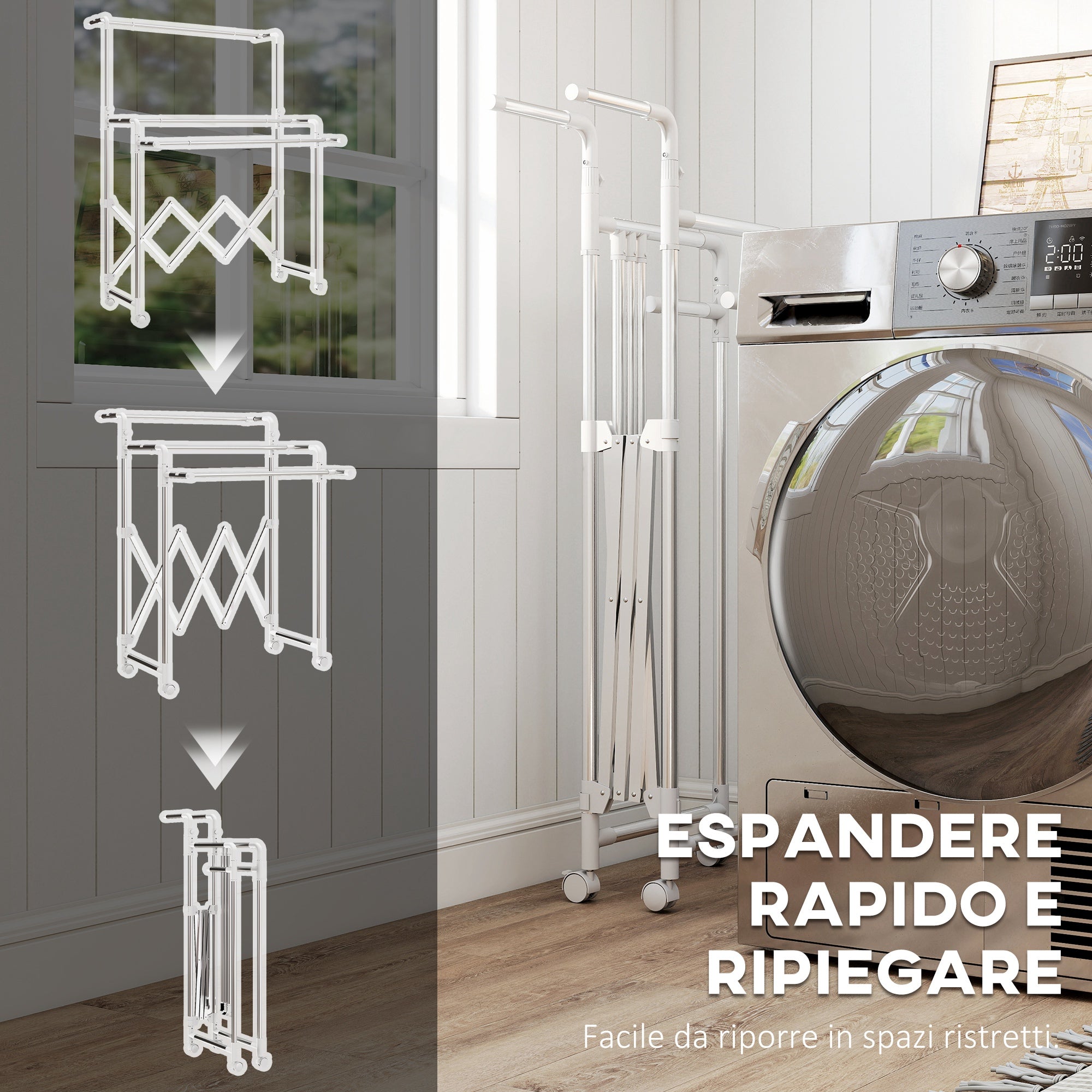 Stendibiancheria Pieghevole con 3 Barre Regolabili Ruote Girevoli e Struttura in Acciaio Inox Argento