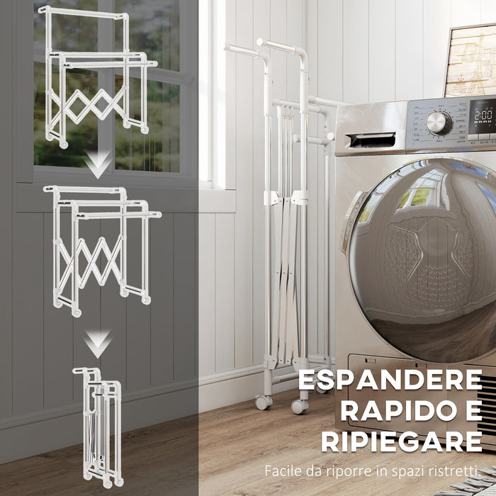 Stendibiancheria Pieghevole con 3 Barre Regolabili Ruote Girevoli e Struttura in Acciaio Inox Argento