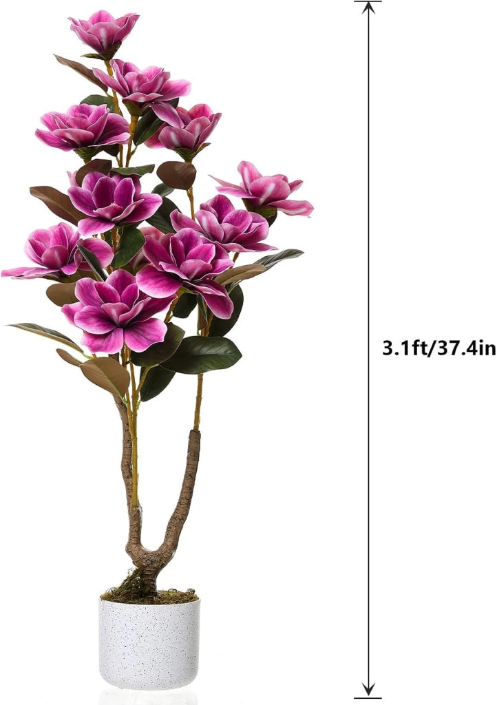 Albero di Magnolia Artificiale 95 cm con 14 Fiori e Vaso Bianco da Interno