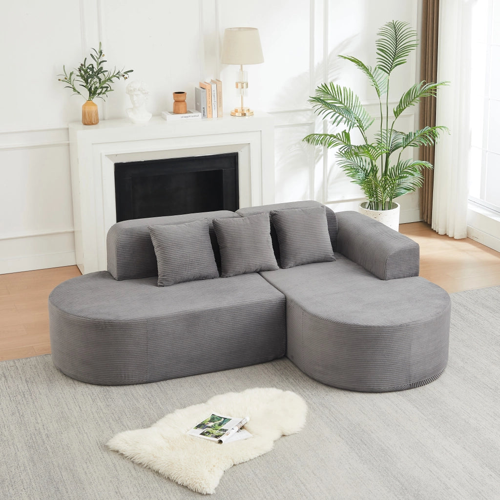 Divano angolare con chaise longue curva e 3 cuscini in velluto a coste grigio 220×155×70 cm