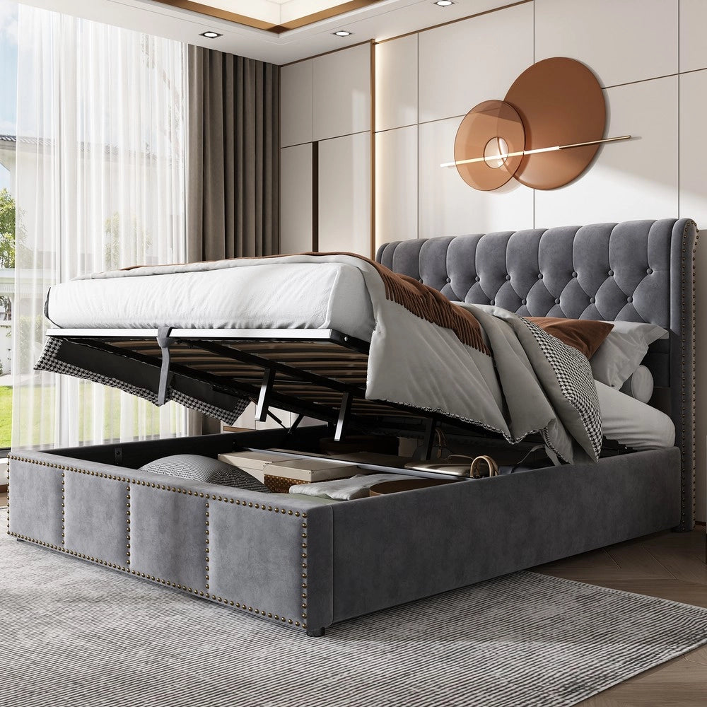 Letto Contenitore Imbottito in Velluto ¨C MINIMAL ¨C Grigio 140x190 con Idraulico
