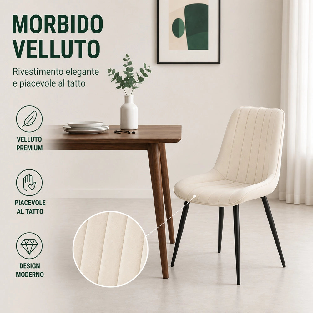 Set 4 Sedie da Pranzo Crema in Velluto Seduta Ergonomica e Struttura in Acciaio