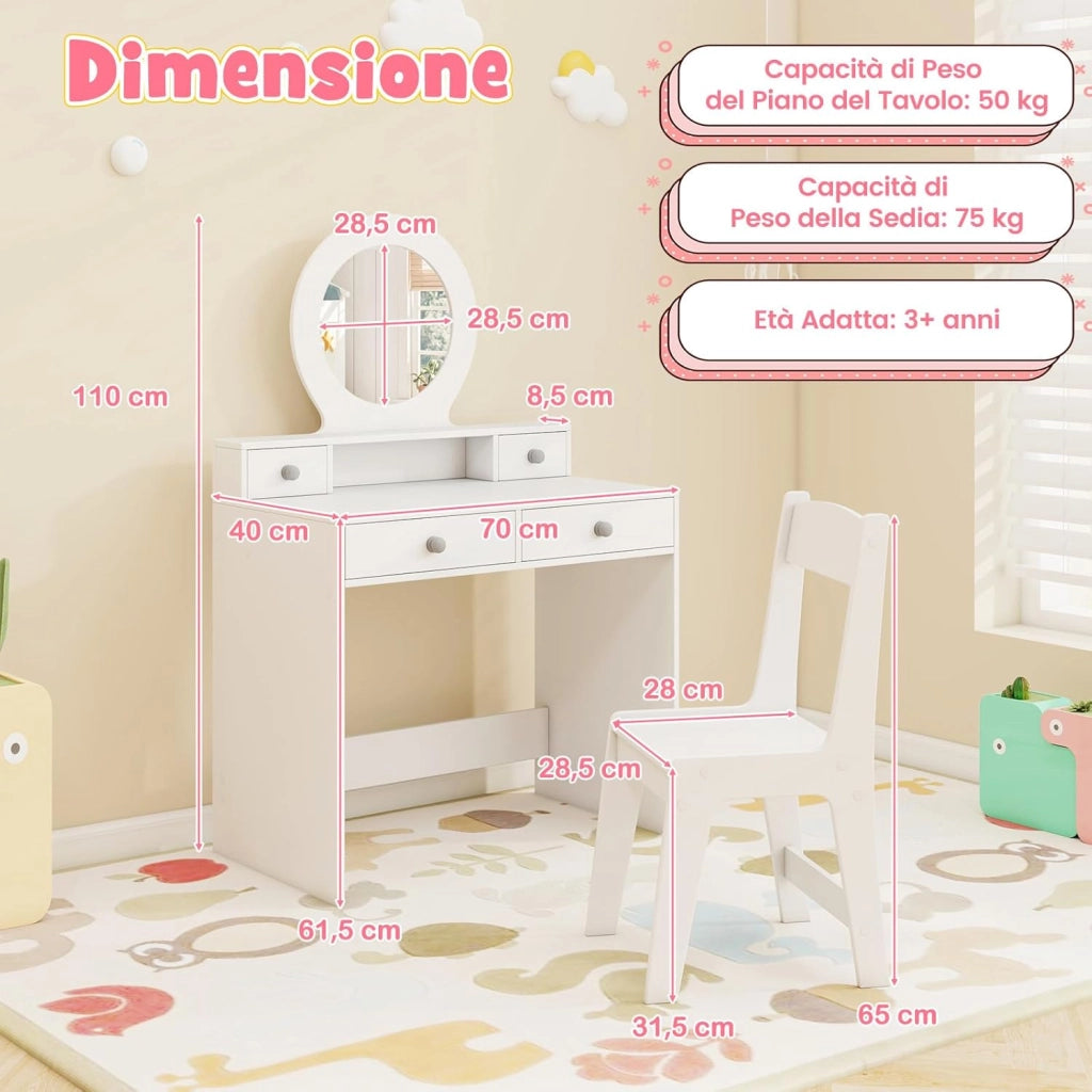 Set Toeletta Trucco per Bambina con Sedia a Schienane, Tavolo Trucco con Specchio Acrilico Rotondo, Postazione Trucco con 2 Cassetti Grandi e 2 Piccoli, per Bambine 3+ Anni, Bianco
