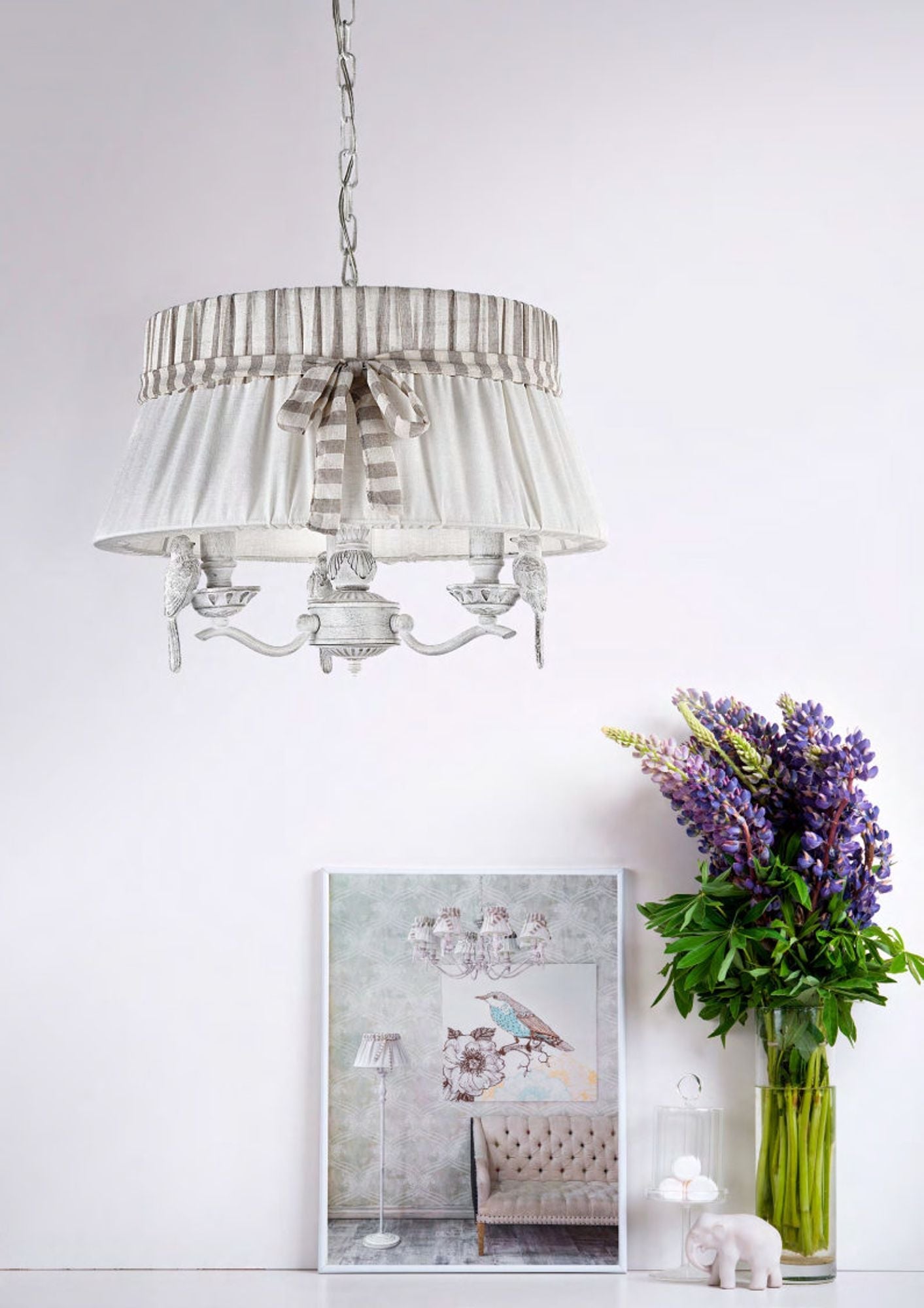 Lampadario Elegant in Metallo Bird Bianco Antique
