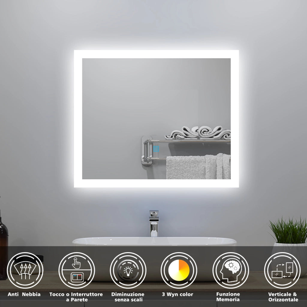 Aica LED Specchio da bagno 60×50 cm + luminosità regolabile a 3 colori + antiappannamento