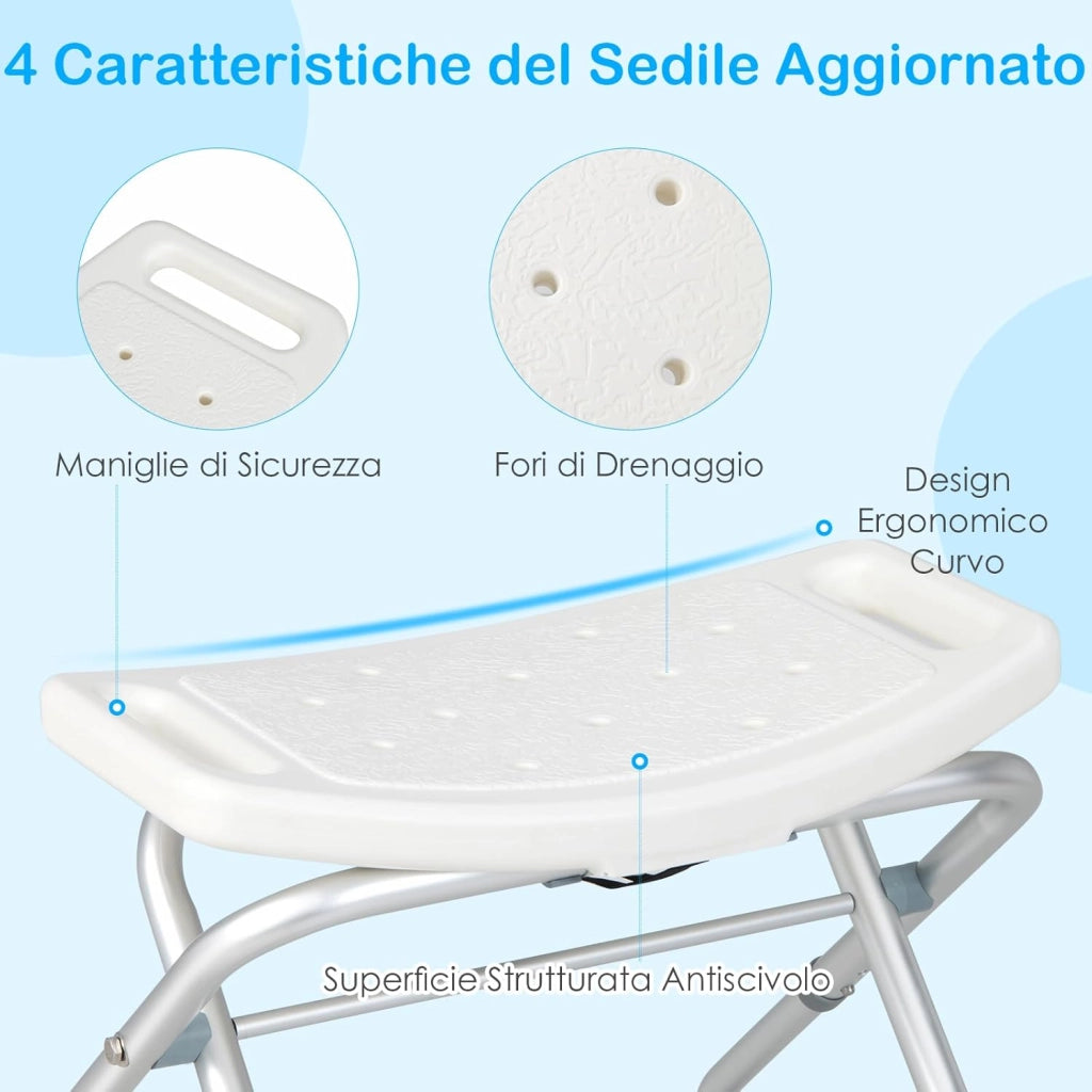 Sgabello per Doccia, Sedia per Doccia Regolabile in Altezza a 3 Livelli con Maniglie, Leggero, per Anziani e Persone a MobilitÃ  Ridotta, 53x50x52,5 cm, Portata 150 KG