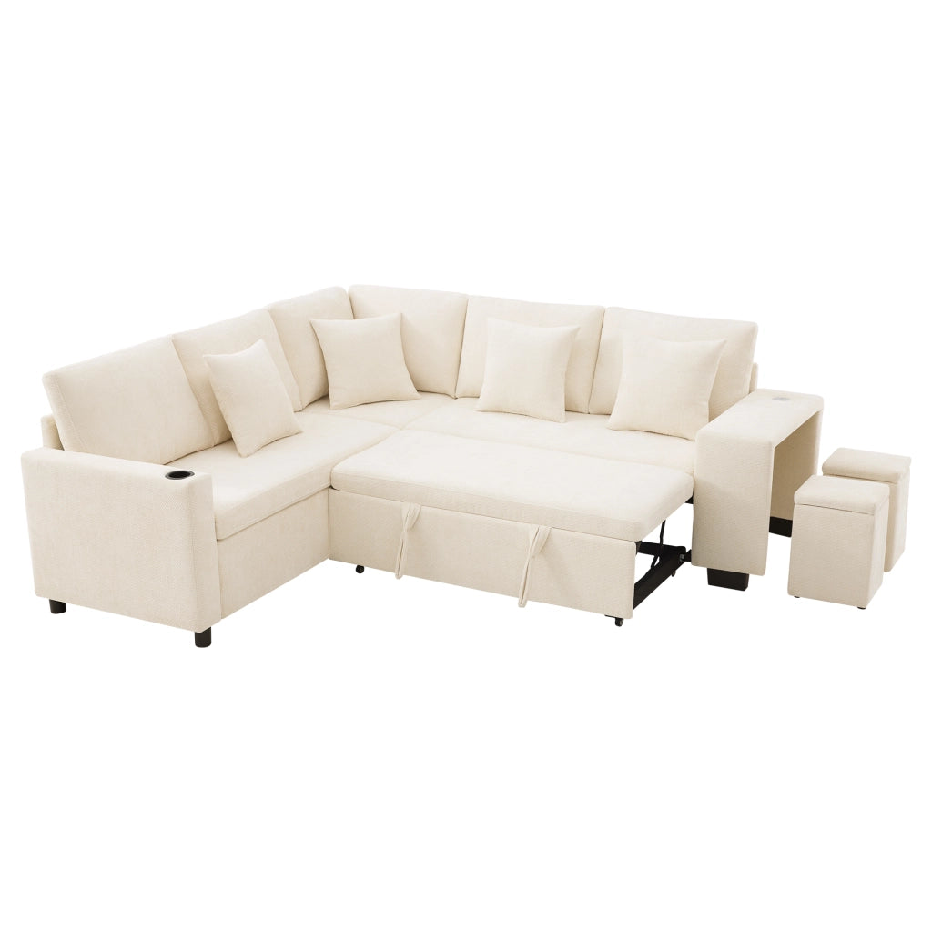 Divano Angolare Convertibile con Contenitore, Portabicchieri e USB ¨C Xylo ¨C Beige