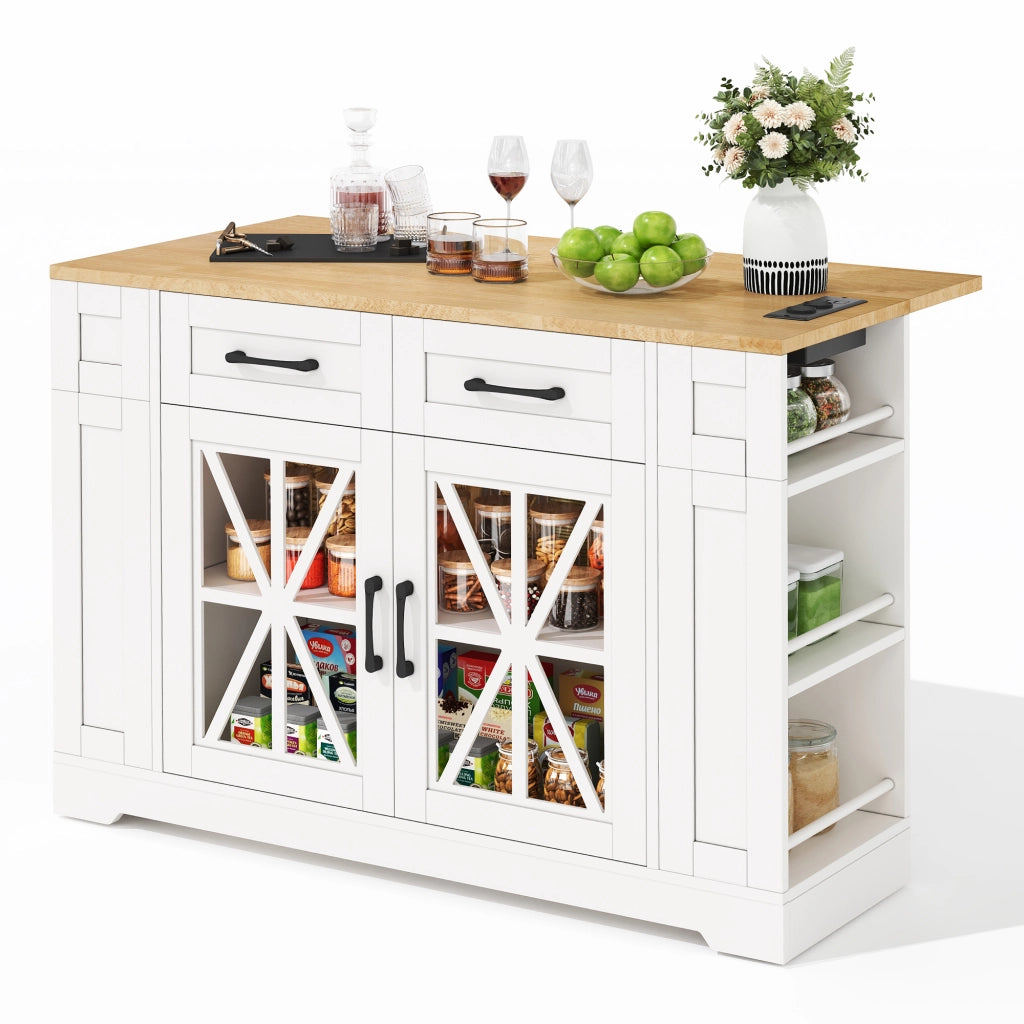 Carrello isola cucina con piano ribaltabile, 2 prese AC, 2 USB, ante in vetro e ruote frenanti