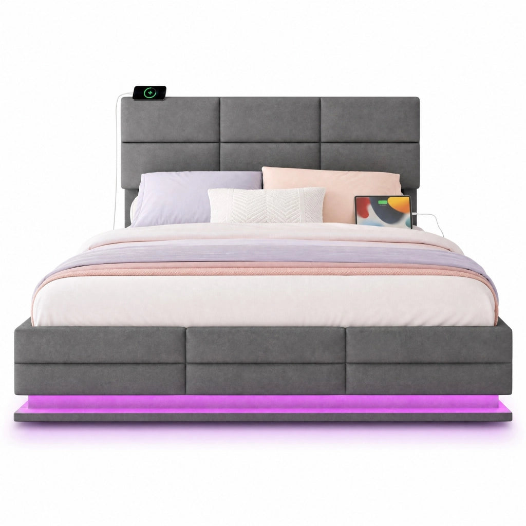 Letto imbottito moderno 180x200 cm in velluto grigio scuro con testiera regolabile, LED dimmerabile, porte USB e vano contenitore