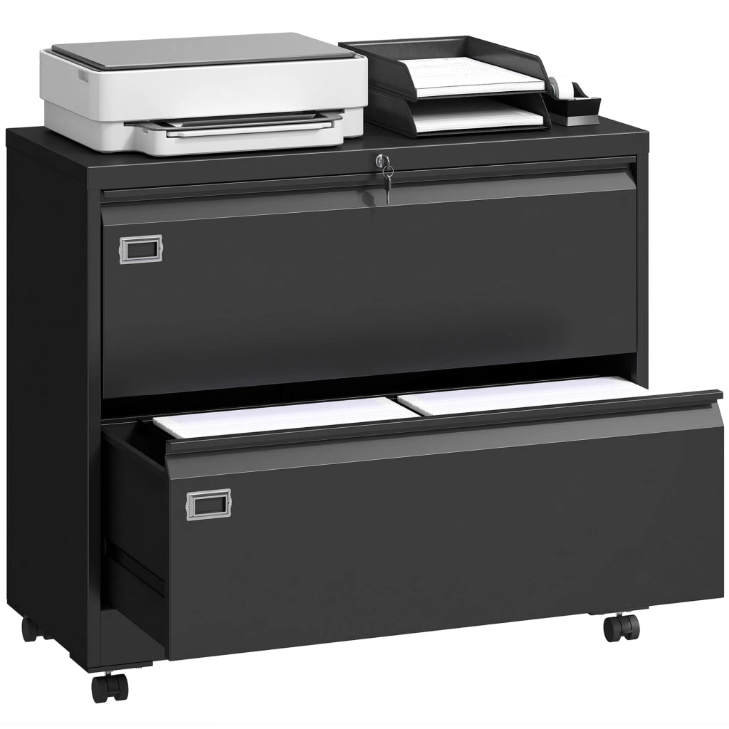 Cassettiera a rotelle con 2 cassetti a chiavetta e appendice regolabile ¨C zephmum ¨C 90x40x77 cm Nero