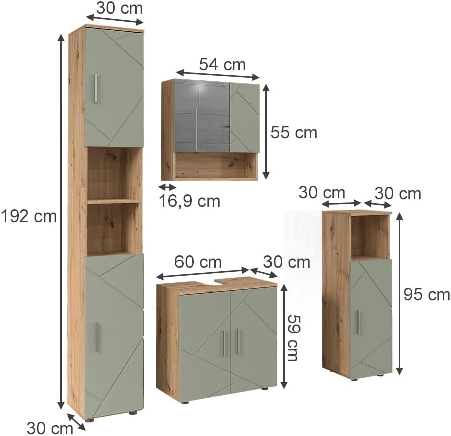 Set di mobili da bagno Irma, Verde salvia, 60 cm, composto da mobile lavabo, pensile a specchio, colonna e base media