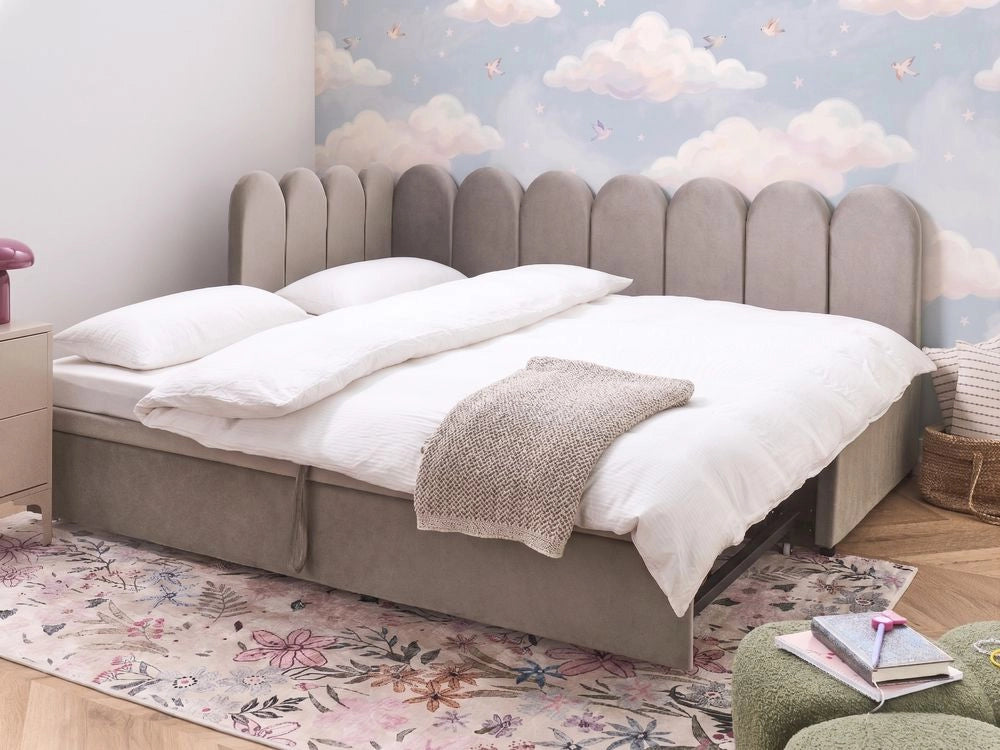 Letto a castello rivestito in velluto tortora 90/180 x 200 cm con rete a doghe