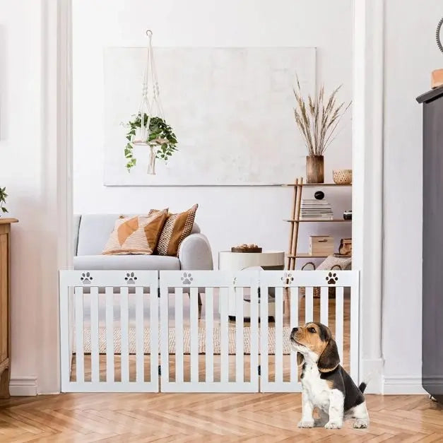 Cancelletto per Cani Pieghevole a 3 Pannelli in MDF Bianco Autoportante per Casa e Scale