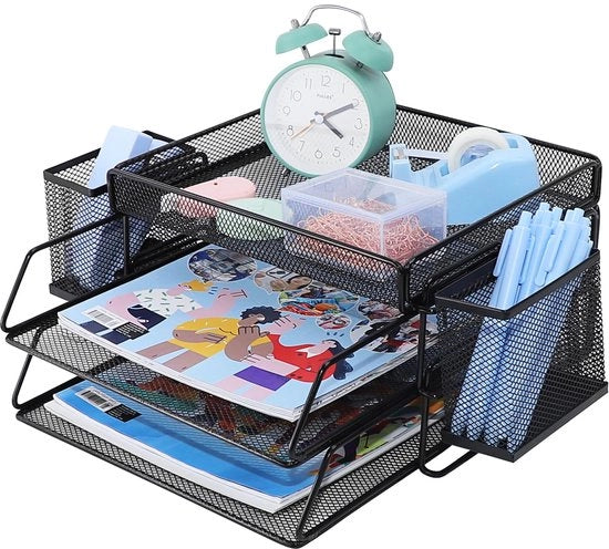Biblioteca con 2 livelli, cassetto per documenti in ufficio, contenitore per carta, organizzatore per ufficio, contenitore per carta, cartellino, contenitore per documenti A4, supporto per documenti per casa, ufficio, scuola