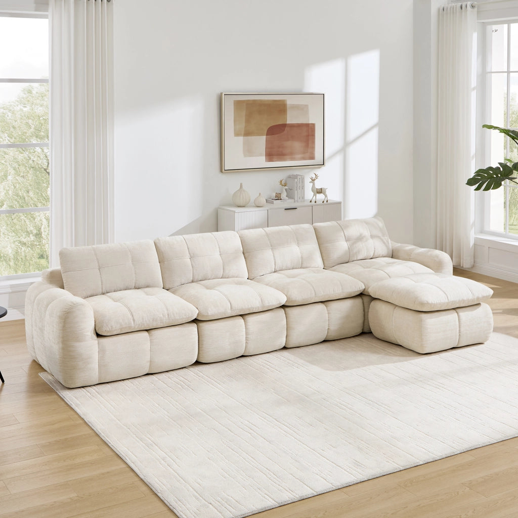 Divano angolare modulare 4 posti con seduta ampia e profonda in chenille beige senza montaggio 334 × 160 × 68 cm