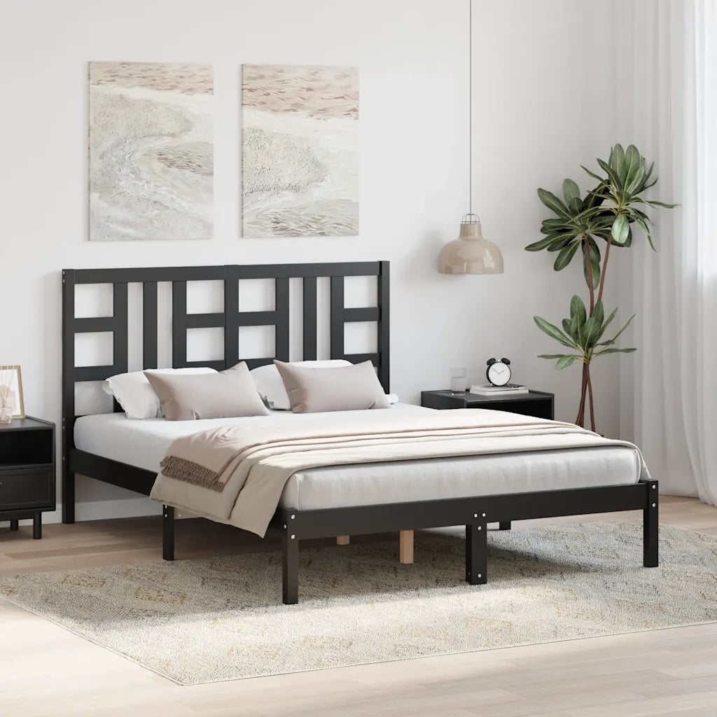 Giroletto-Struttura Letto Nero in Legno Massello 140x190 cm 718913
