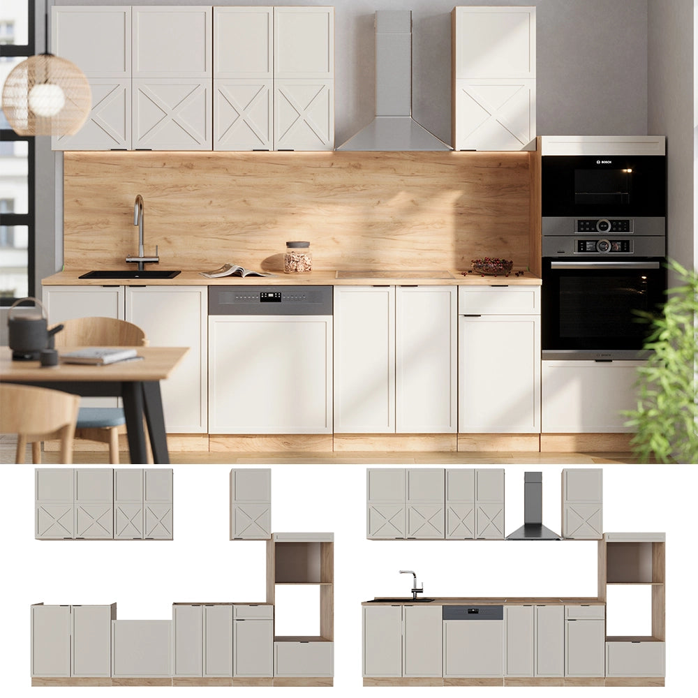 Vicco Cucina componibile Grigio/beige/rovere dorato 300 cm con armadio alto, senza piano di lavoro