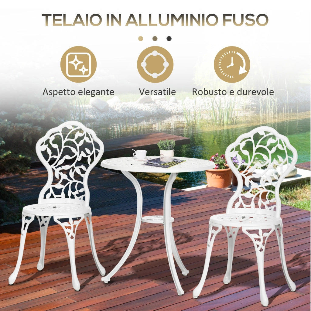 Set da Giardino 3 Pezzi in Alluminio Bianco, 2 Sedie da Esterno 45x42x85.5 cm e Tavolino Rotondo ?61x66.5 cm