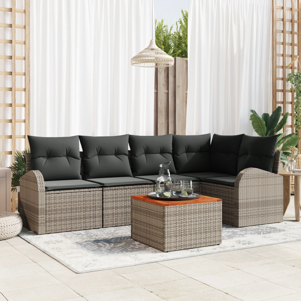 Set da divano da giardino  con cuscini grigi in polyrattan e acacia