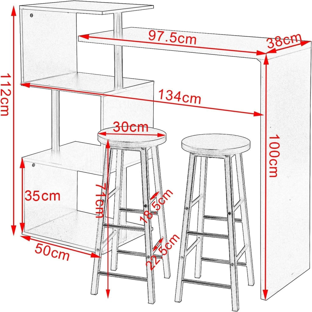 Tavolo con 2 Sgabelli Alti Set, Mobili da Bar Bancone con ripiano portaoggetti, Tavolo Alto con Sedia in Acciaio Legno per Cucina, Bianco