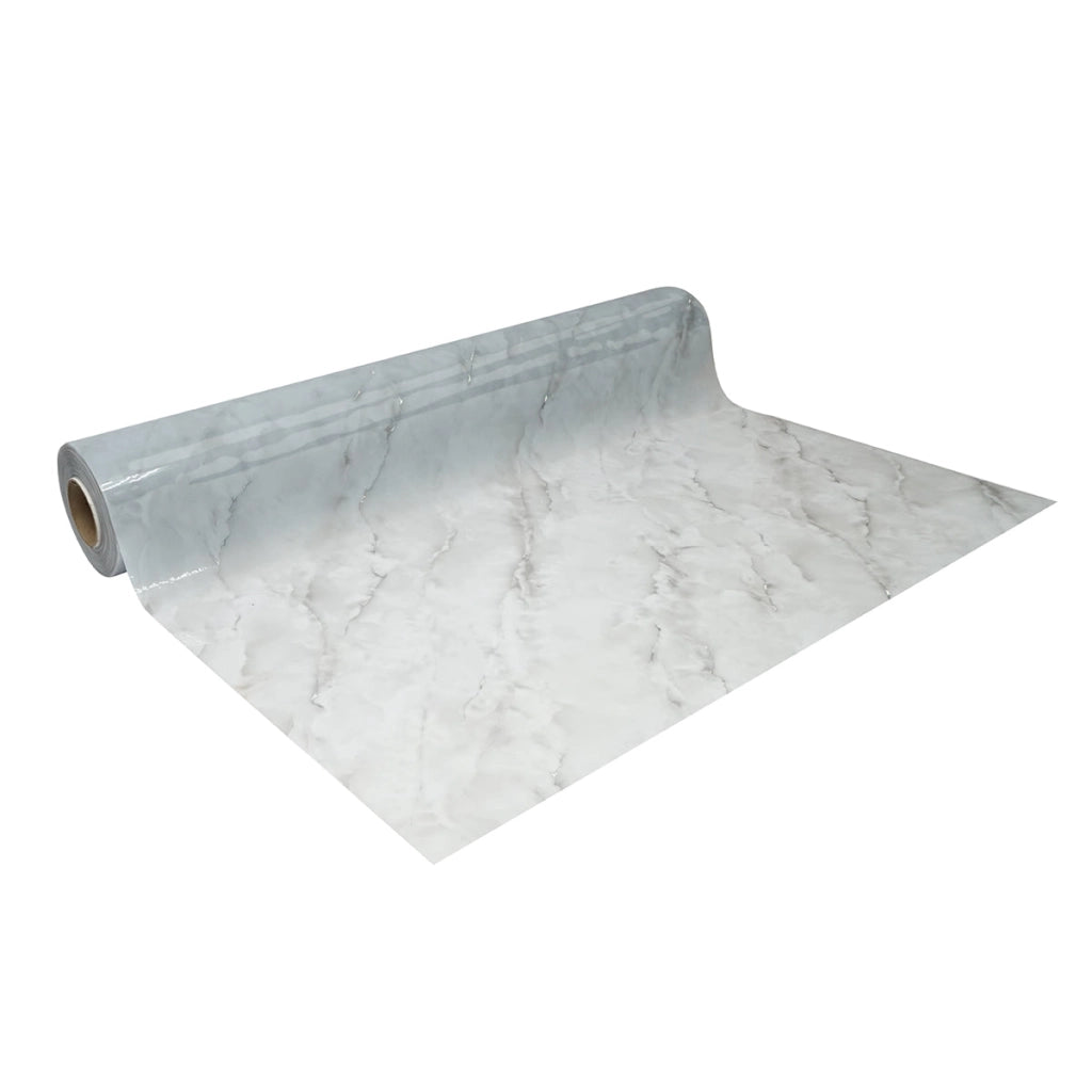 Rotolo pellicola protettiva per tavolo in PVC siliconato – modello marmo grigio Materiale: PVC siliconato decorativo  Dimensioni rotolo: 1,00 × 20 m Breckner Germany