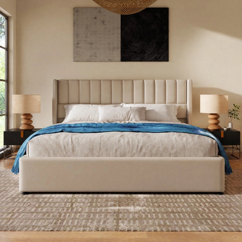 Letto contenitore matrimoniale idraulico 180x200 cm in lino con testiera imbottita, beige