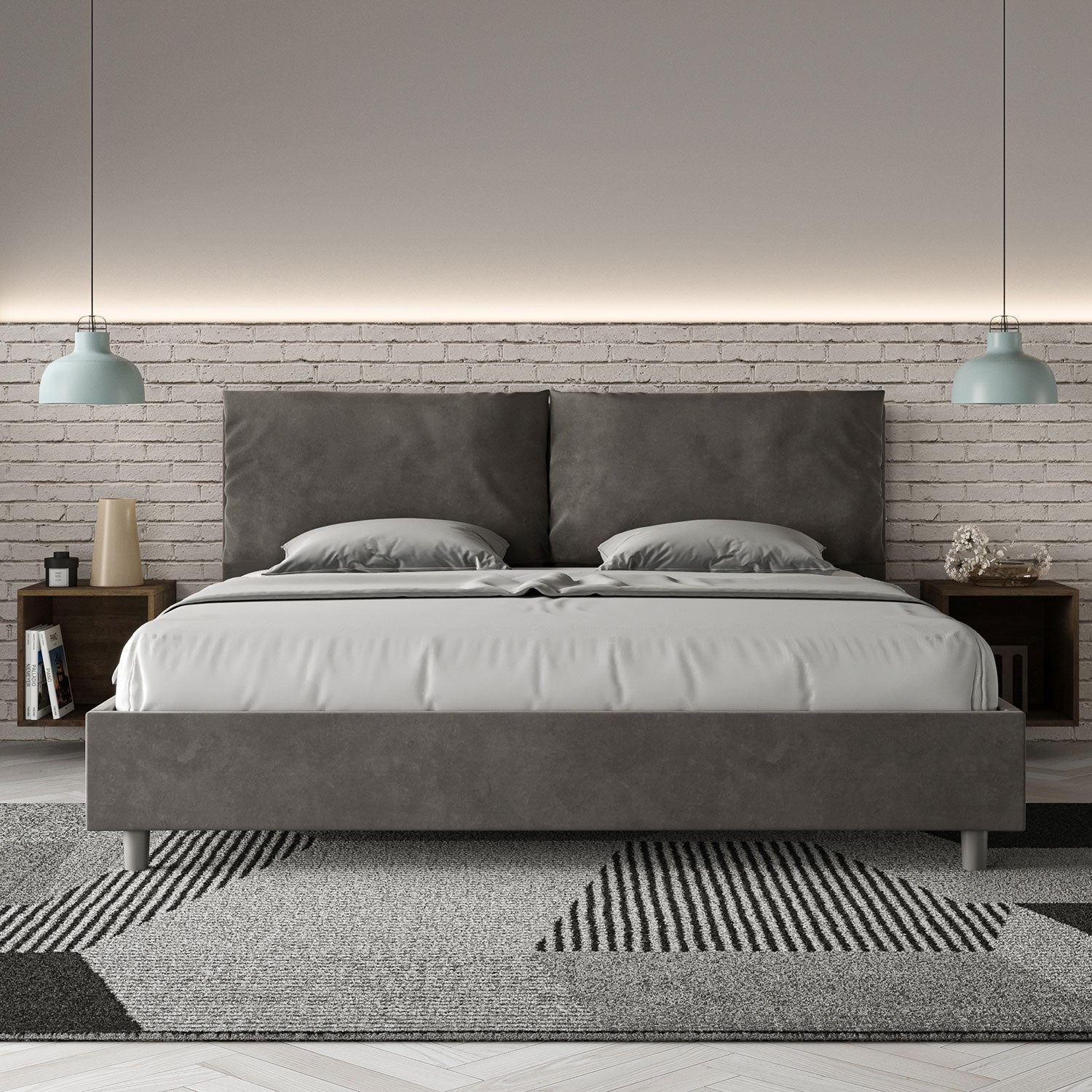 Letto Matrimoniale King Size 200x200 cm Senza Rete Imbottito in Microfibra Antea Large Grigio