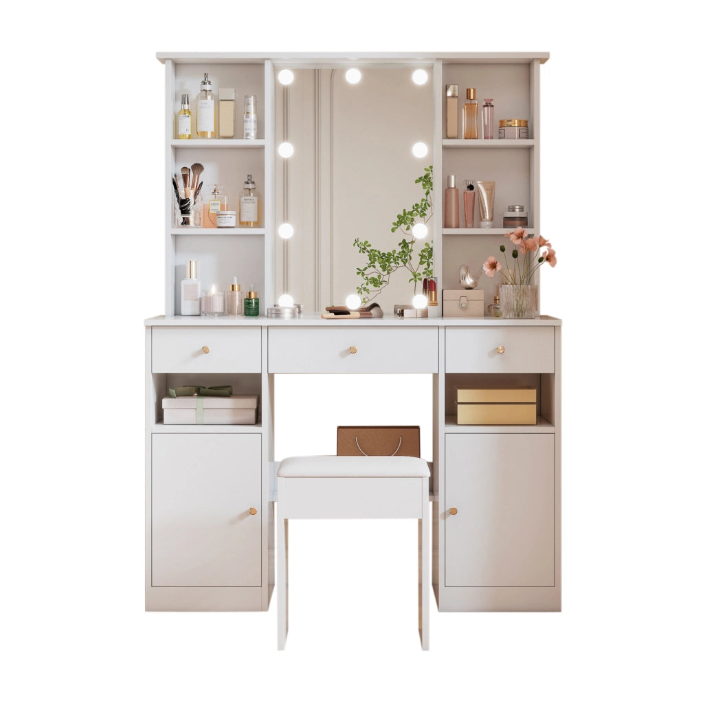 Toeletta ULEVR 110x40x151 cm con specchio LED regolabile, sgabello, 3 cassetti e 2 ante, bianca