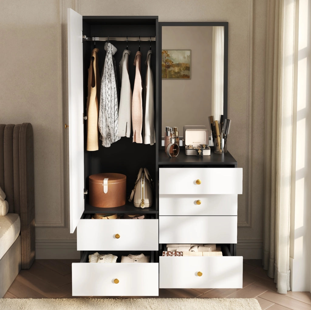 Armadio combinato con specchio a figura intera e sgabello estraibile 90x50;5x160 cm; MDF bianco e nero