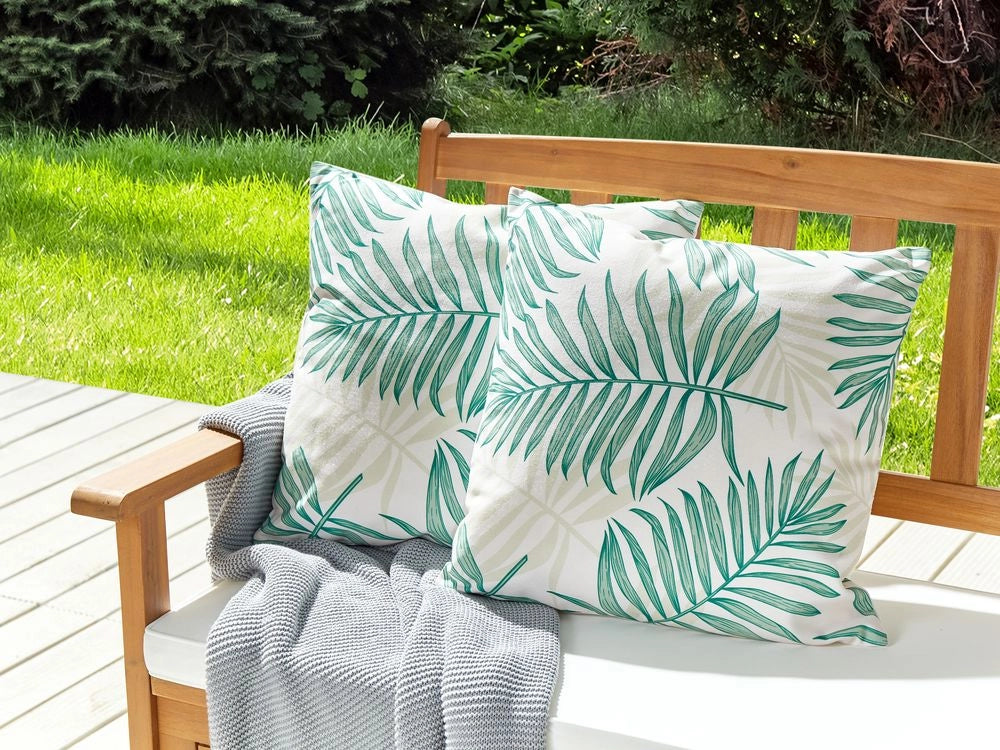 Set di 2 cuscini da esterno in tessuto di poliestere beige e verde con motivo a foglia di palma 45 x 45 cm esterno interno giardino