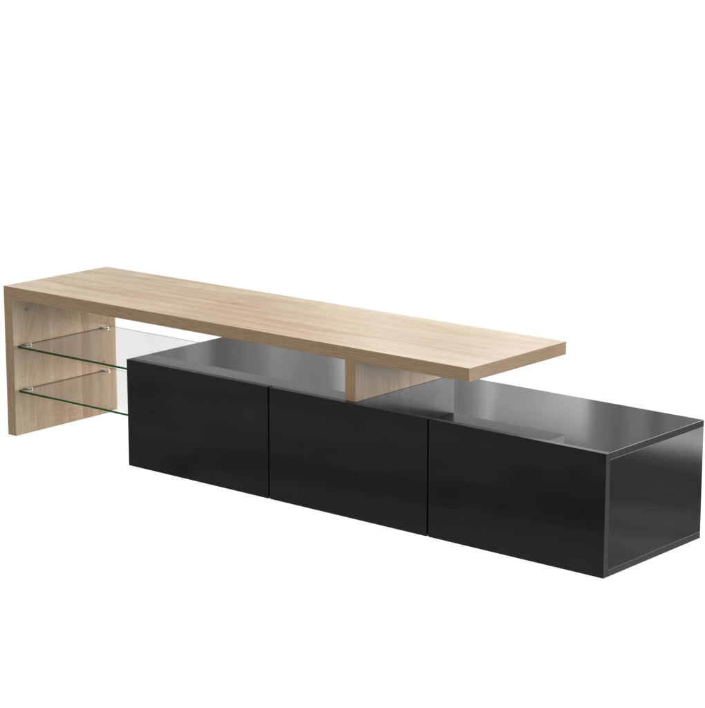 Mobile TV 197;5 cm in MDF e vetro; 3 scomparti; LED a 7 colori con app; nero e legno