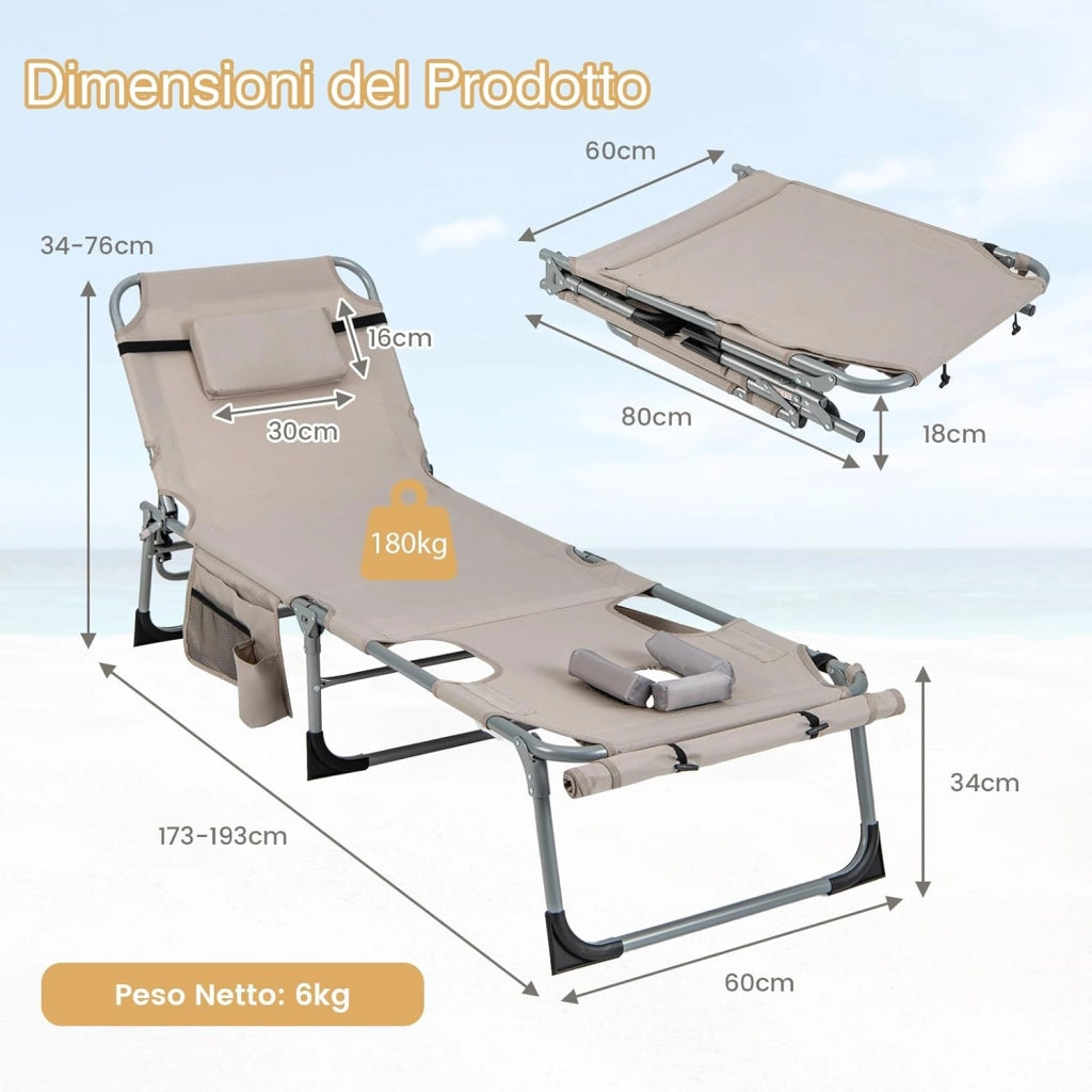 Lettino Prendisole Pieghevole Portatile, Lettino da Spiaggia con Fori per Viso e Braccia, Cuscino Poggiatesta e Tasca, Schienale Regolabile, per Mare e Piscina, Portata 180 kg (Grigio)